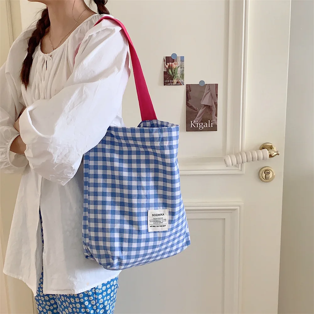 Youda nouveau Style de mode coton tissu sac à bandoulière pour les femmes Simple motif à carreaux grande capacité décontractée Shopper fourre-tout sacs