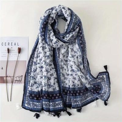 TEMU Blue And White Porcelain Floral Pattern Tassel Scarf Ethnic Style Shawl For Women Spring/summer Versatile Wrap Image