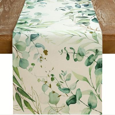 TEMU 1pc, Table Runner, Green Leaves Pattern Table Runner, Spring Theme Table Runner, Seasonal Kitchen Dining Table Decoration For Indoor, Party Decor Image