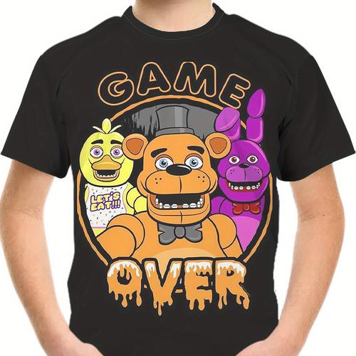 Horror Bear & Game Over Letters Print Boy's Leisure Short Sleeve Sports T-shirt - Comfortable Summer Outdoor Clothing