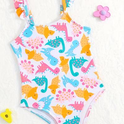 TEMU Baby Girls Cute Dinosaur Graphic Flutter Trim One-piece Swimsuit - Kids Clothes For Summer Vacations!