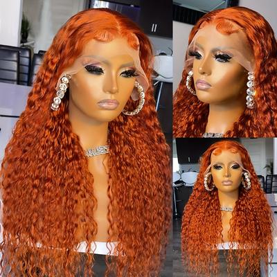 13*4 Lace Front Wig Orange Wig Curly Lace Front Wig Long Water Wave Lace Front Wigs Synthetic For Women Ginger Wig Curly Deep Curly Wigs Heat Resistant Fiber Hair Pre Plucked With Baby Hair 26inch
