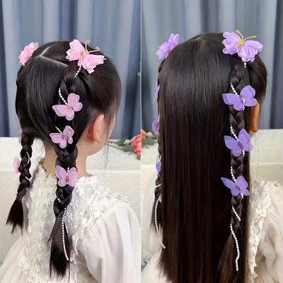 2pcs Butterfly Faux Pearl Braided Hair Clips For G...