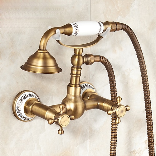 Duscharmatur / Body-Jet-Massage-Set – Handbrause inklusive ausziehbarer Regendusche Antik-/Vintage-Stil Antik-Messing-Halterung im Inneren des Messingventils Badewannen-Dusch-Mischbatterien Image