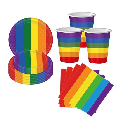 LGBT Juni Regenbogen Party Einweg-Pappteller Set Bunte Streifen Party Einweggeschirr Weihnachtsgeschenk Image
