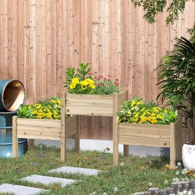 Outsunny Raised Garden Bed with 3 Planter Box and Drainage Holes Elevated Wooden Plant Stand for Vegetables, Herb and Flowers