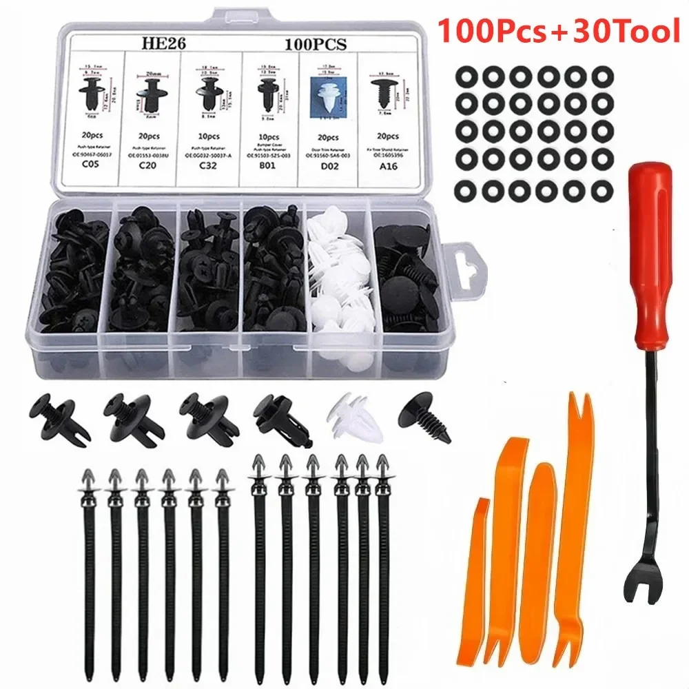 100 pz Auto Elementi di Fissaggio In Plastica Pinze Kit Misto Auto Corpo Push Fermo Spille Rivetto Paraurti Porta Trim Pannello Rivetti Auto Elementi di Fissaggio Vite
