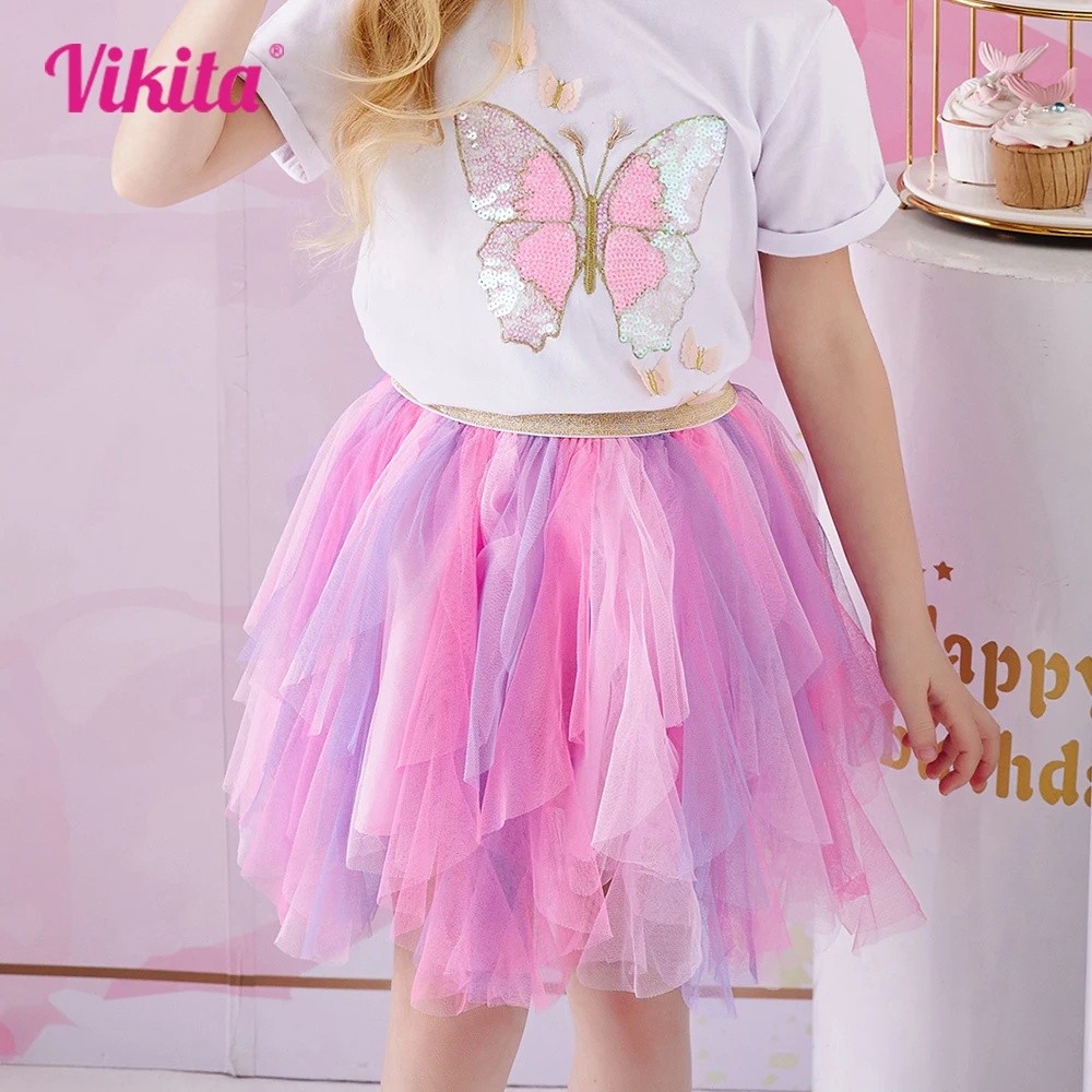 VIKITA Kinder Prinzessin Röcke Mädchen Unregelmäßige Layered Mesh Tüll Geburtstag Party Tutu Mini Röcke Mädchen Rosa Casual Ballett Rock