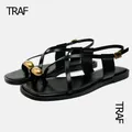 Sandali piatti TRAF in metallo nero donna estate 2024 sandali piatti sandali piatti in pelle con