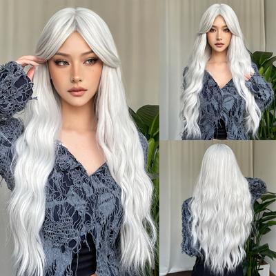 28 Inch Long Curly White Wigs With Bangs, Focus Of Party, Holiday Must-have, Perfect For Halloween, Christmas And Costume Parties Synthetic Wig Music Festival