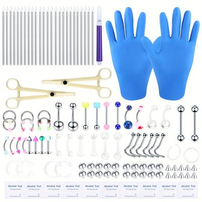 142pcs/kit, Body Piercing Kit 14g 16g 20g Stainless Steel Acrylic Suitable For Lip Nose Belly Button Rings Tongue Tragus Cartilage Helix Eyebrow Earring Piercing Jewelry Tool
