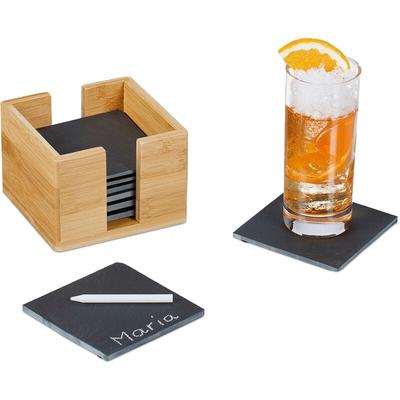 Relaxdays - Schiefer Untersetzer 8er Set, mit Bambus Box, Getränkeuntersetzer, 10x10 cm, Image