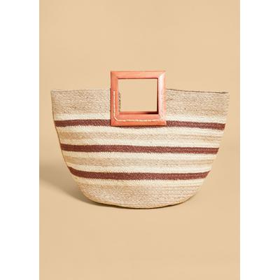 Striped Straw And Wood Tote
