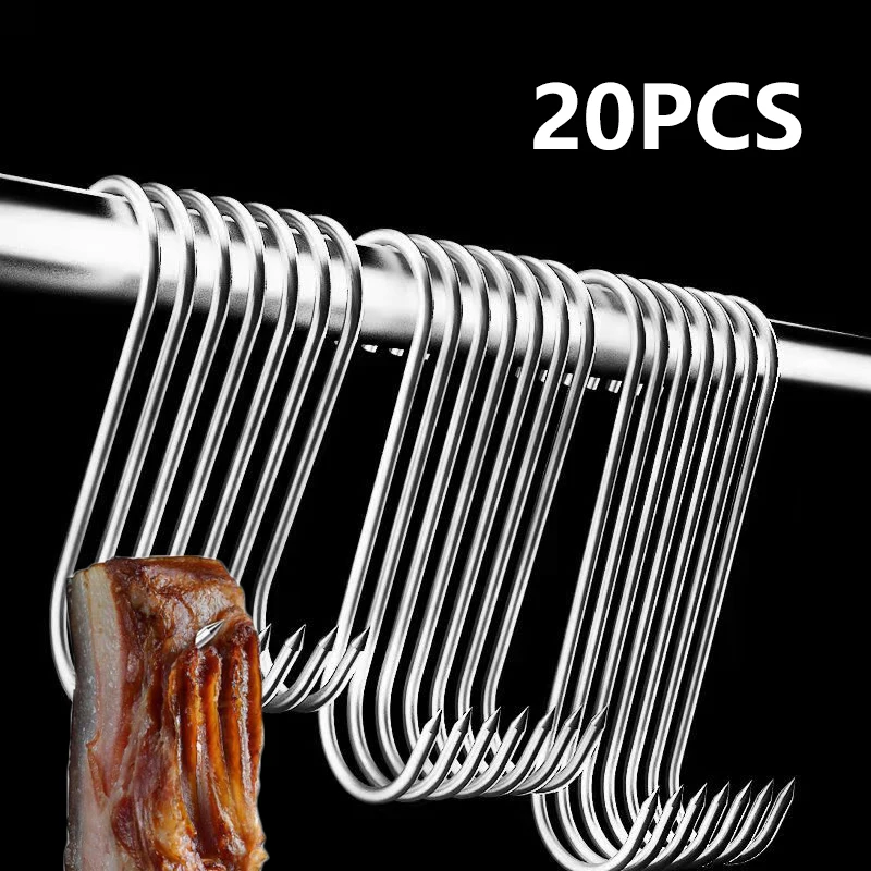 20 Stück Edelstahl S-förmiges Haken werkzeug Metzger fleisch zum Räuchern Schlachten Jagd Huhn Grill Schweine fleisch Wurst Speck Grill haken