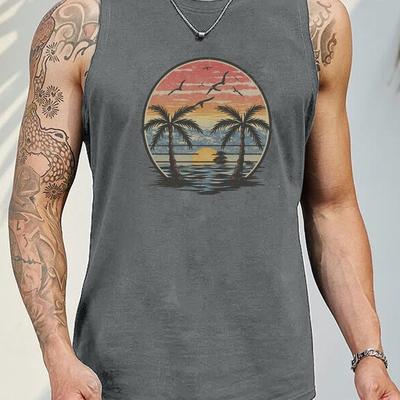 TEMU Plus Size Men's Casual Vest, Sunset Print Soft Breathable Sports Gym Tank Top, Summer Outdoor Clothing Image