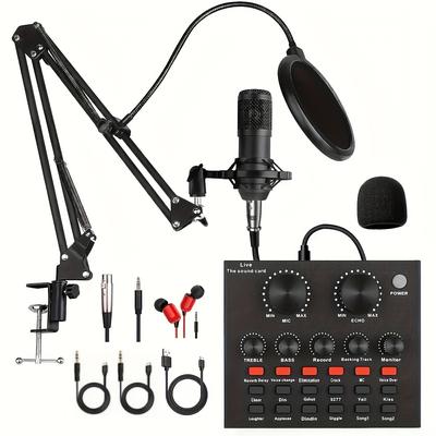 Podcast Equipment Bundle, With Bm800 Podcast Microphone And V8 Sound Card, Voice Changer - Audio Interface -perfect For Recording, Singing, Streaming And Gaming