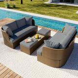 6 Pieces Patio Wicker Furniture Set Curved Outdoor Sofa Set Sectional Conversation Set with Coffee Table and 8 Pillows for for Garden Poolside Backyard Gray