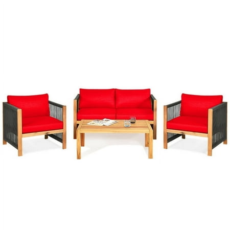 Resenkos 4 Outdoor Acacia Wood patio conversation sets Sunroom Furniture Indoor Sectional Garden Seating Groups Chat Set with Cushions-Red