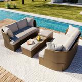 6 Pieces Patio Wicker Furniture Set Curved Outdoor Sofa Set Sectional Conversation Set with Coffee Table and 8 Pillows for for Garden Poolside Backyard Beige