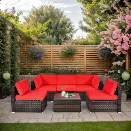 Topcobe 6 Pieces Patio Rattan Sectional Furniture Set with Cushions and Coffee Table Outdoor Furniture Red