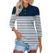 Qcmgmg Polo Shirts for Women Striped 3/4 Sleeve Blouses Button Up Lapel Tops Business Summer Golf T Shirts Navy L