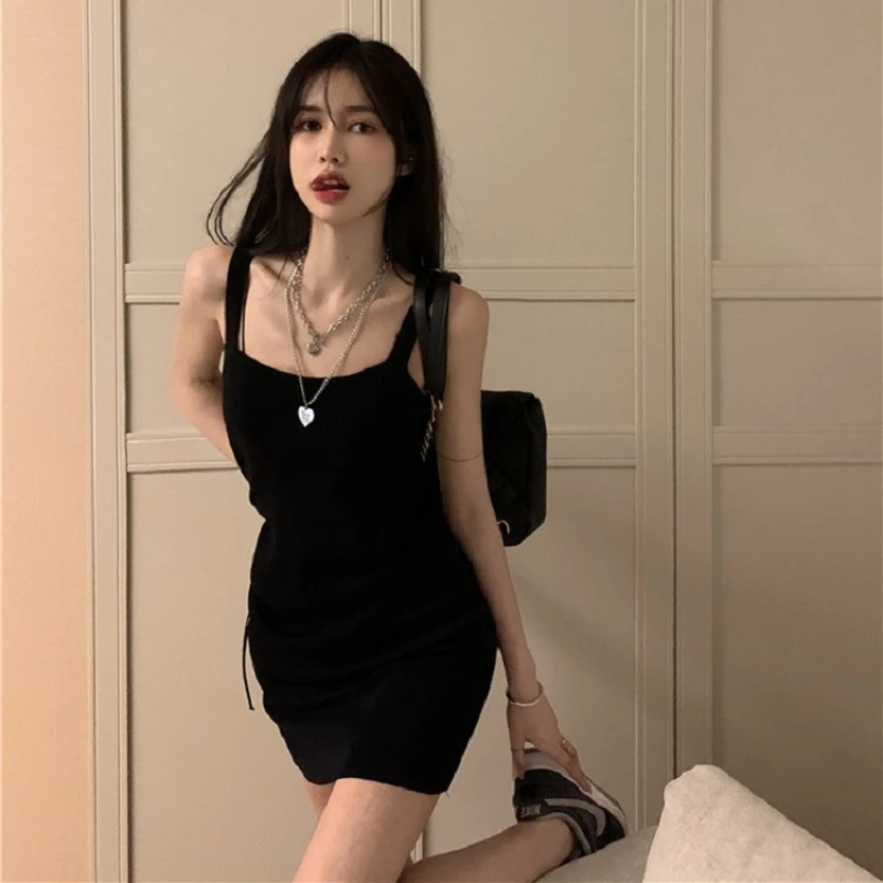 New Style Frauen Spaghetti träger Baumwoll kleid sexy Raffen A-Linie schlanke Mini ärmellose Leibchen solide Sommer Mode Kleider