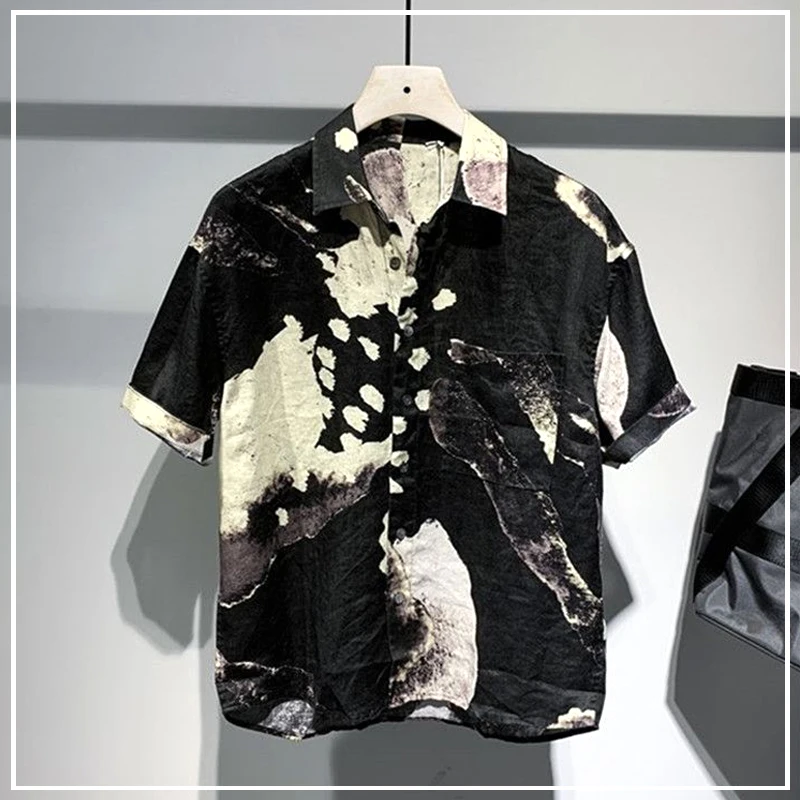 2024 neue Sommer koreanische Welle Mode Hip Hop-Stil personal isierte trend ige Person Flip Kragen drucken lässig lose übergroße Hemd