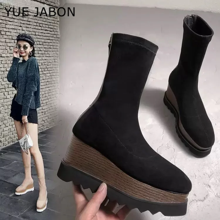 Schwarze 2025, Stretch-Wildleder-Western-Cowgirl-Stiefel mit Reißverschluss hinten, Cowboy-Stiefeletten für Damen, hohe Plateaustiefel, kurze Freizeitschuhe