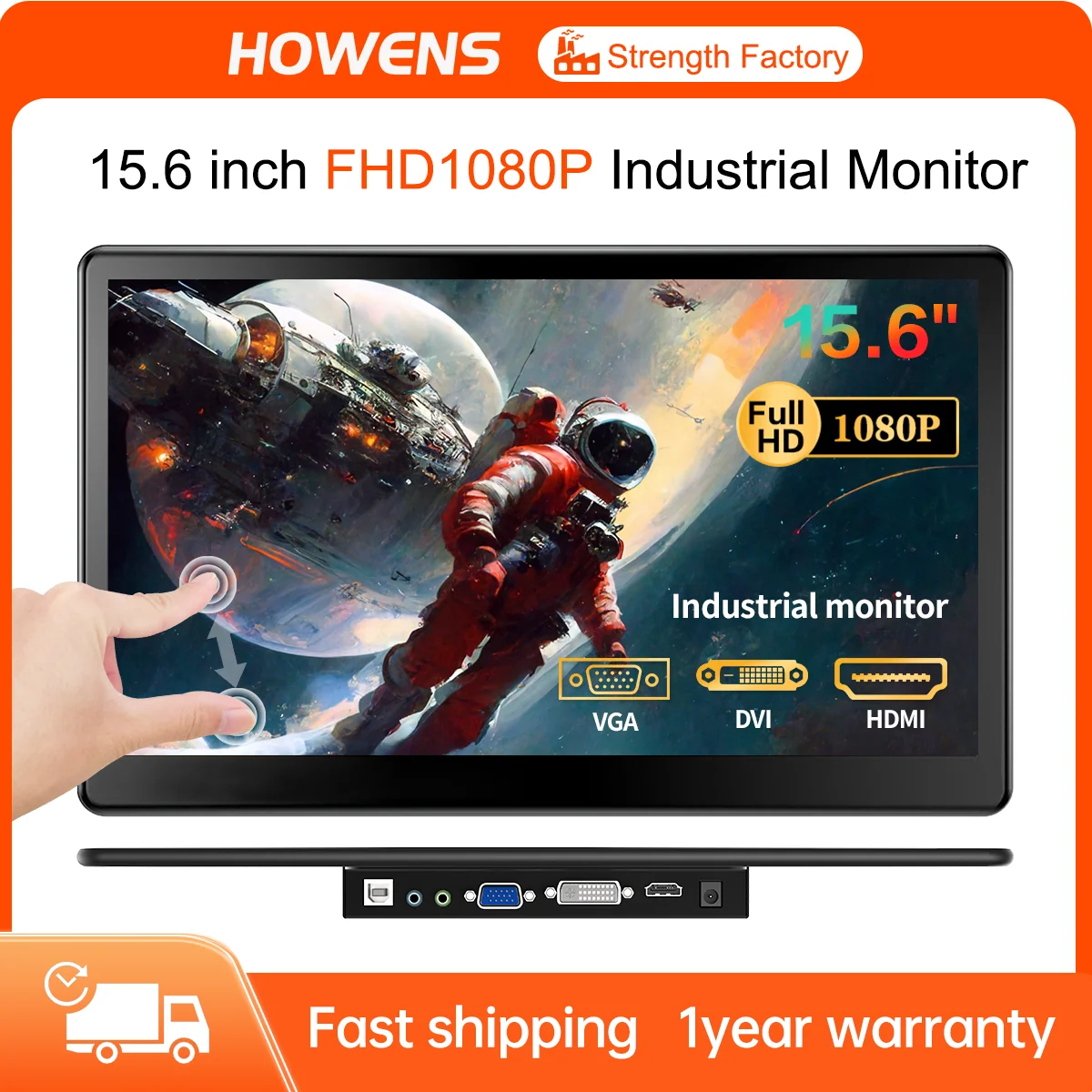 HOWENS 15,6 Zoll Touchscreen 1920x1080 16:9 60Hz IPS-Bildschirm Industrie mit 75*75mm VESA HDMI DVI VGA für Laptop PC Telefon CCTV Image