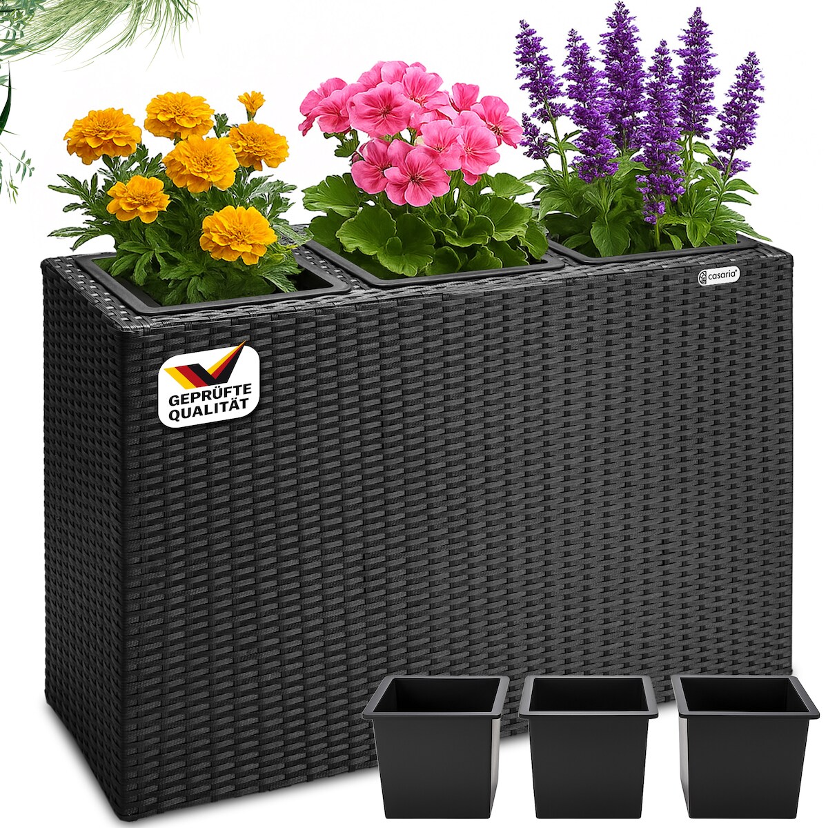 Casaria Deuba Poly Rattan Blumentopf Wasserabfluss Innentöpfe Schwarz Image