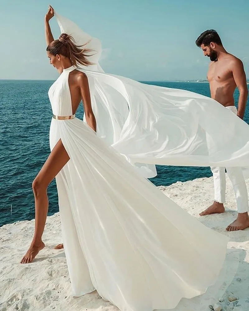 Hochzeitskleid, schlicht, Strand, 2022, sexy, rückenfrei, A-Linie, elfenbeinweiß, Chiffon, Neckholder, langes Kleid, formelle Party, individuell gestaltet