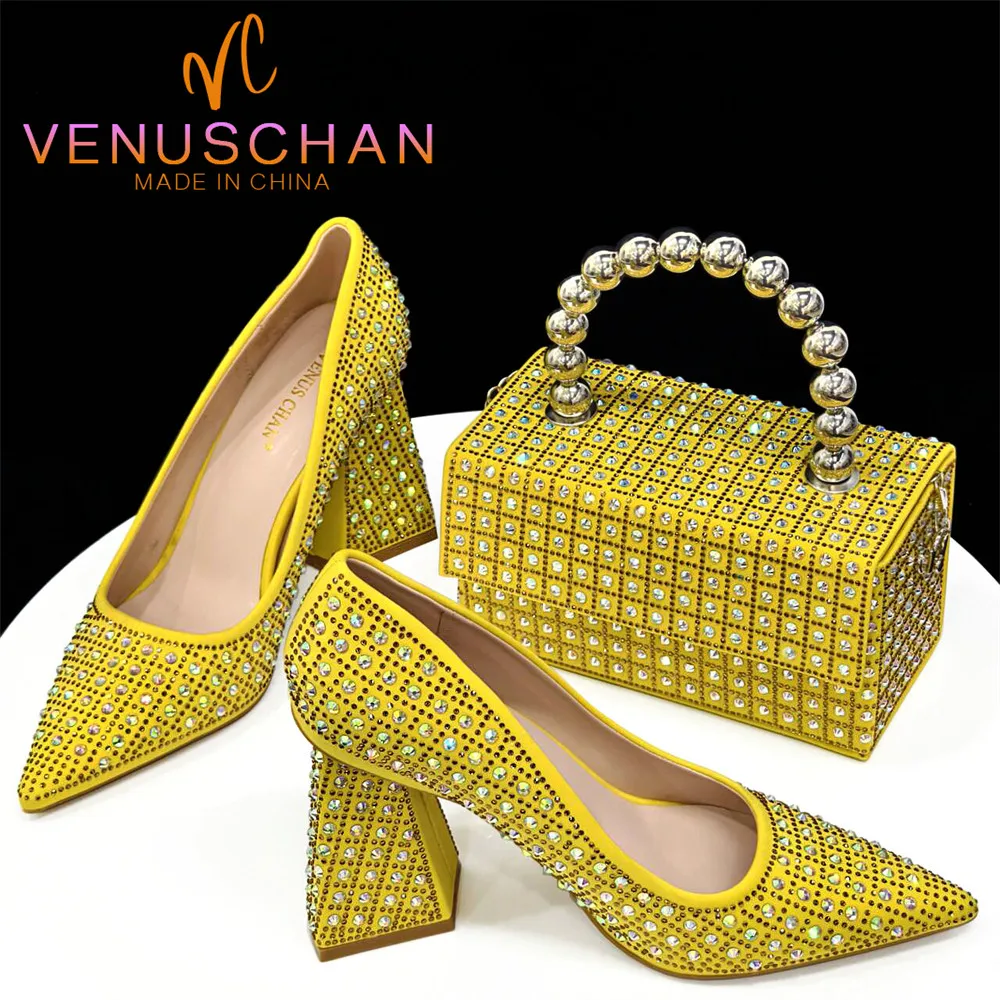 Venus Chan-nigerian ische Fersen party für Frauen gelbe Schuhe und Tasche Set Strass Handtasche italienisches Design Hochzeit ins 2024