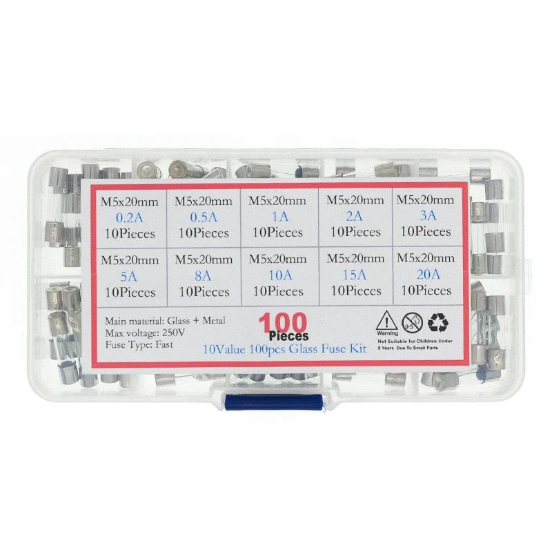 100 Teile/los 5x20mm Flink Glasrohr Sicherung Assorted Kit Flink Glas Sicherungen 250V 0,2 0,5 1 2 3 5 8 10 15 20A Image