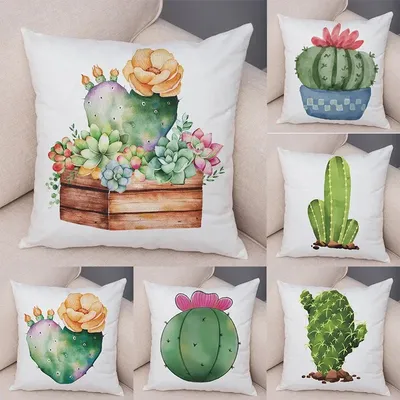 Aquarell-Kaktus-Kissenbezug, Dekor-Druck, grüne Pflanze, Kissenbezug für Sofa, Zuhause, superweicher Pfirsichhaut-Kissenbezug, 45 x 45 cm Image