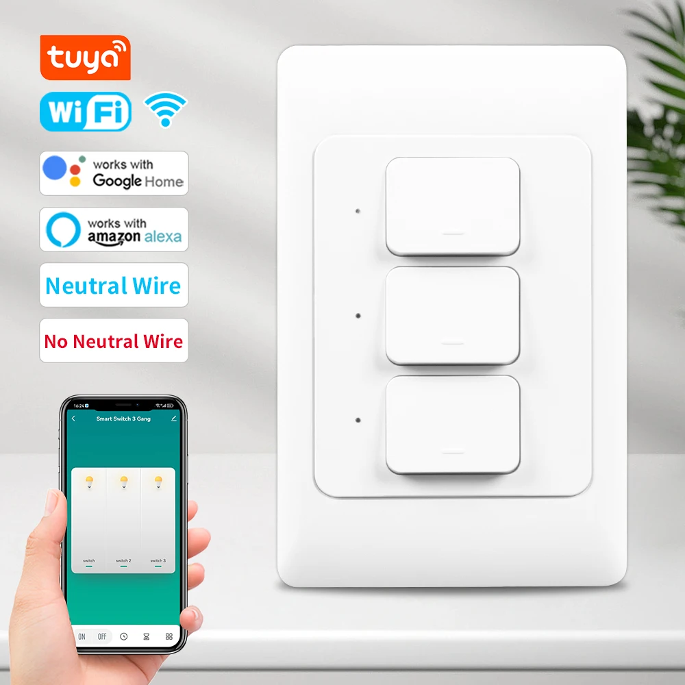 Tuya WiFi Smart Wand Licht Schalter Kein Neutral Draht & Neutral Draht Push Button Physikalische Licht Schalter US/AU für Alexa Google Hause Image