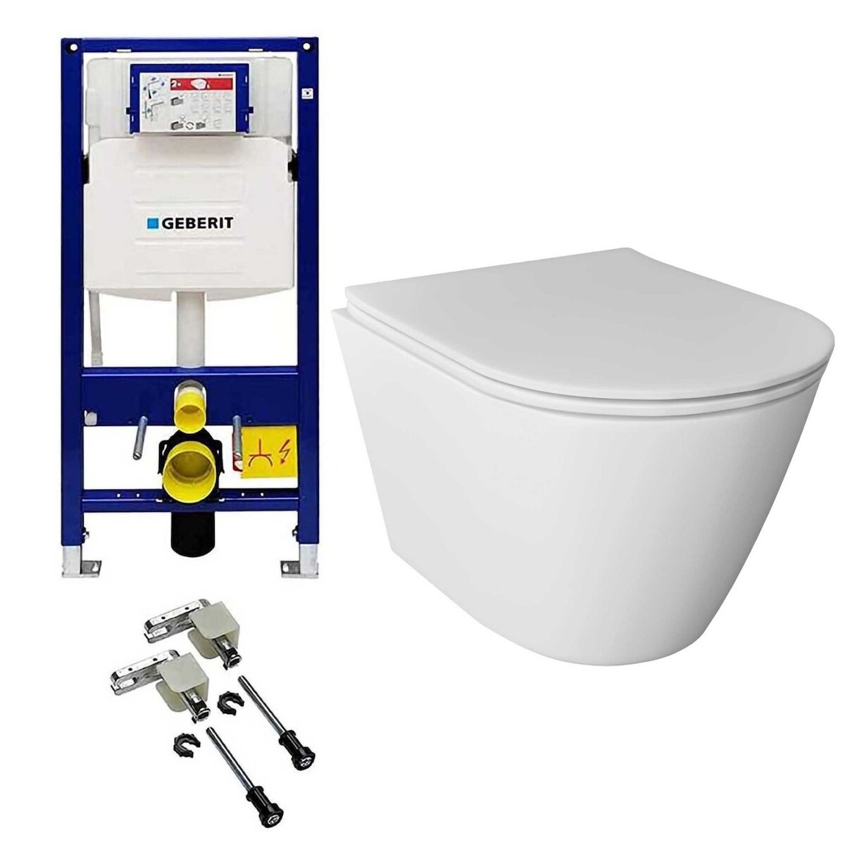 Alpenberger Toilette mit Geberit Spülkasten und Duofix Bausatz | Wand WC Kloschüssel mit WC Sitz | Hänge WC Spülrandlos Vorwandelement WC Set Komplett Image