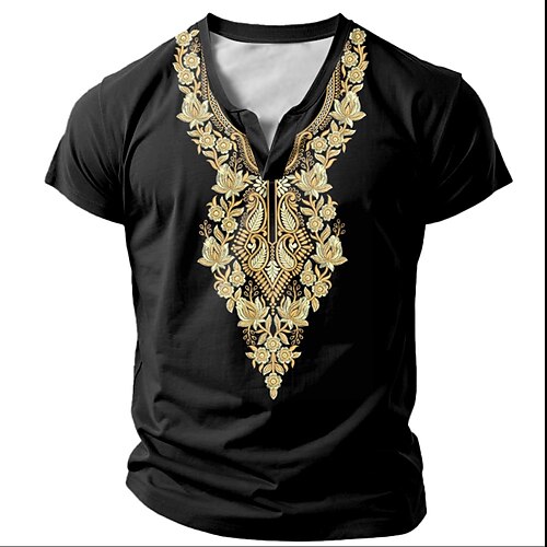 Herren Stammes T Shirt Kurzarm 3D-Druck Urlaub Mode Ethnisch Lässig Sommer Frühling Schwarz Henley Henley T-Shirt Image
