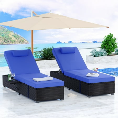 FOLDLIFE Patio Lounge Chairs Outdoor PE Wicker Chaise Lounge Set of 2 Chaise Lounge Chair Outdoorï¼ŒPool Furniture Brown Rattan Recliners with Adjustable Backrest Storage Table Blue