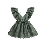 Wallarenear Baby Girl Lace Romper Dress Boho Floral Sleeveless V Neck Birthday Party Dresses Green 6-12 Months