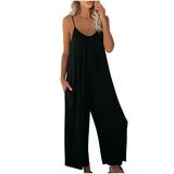 Summer Spaghetti Strap Jumpsuits for Women Trendy Sleeveless V Neck Pleated Wide Leg Casual Romper Playsuits (Medium Black)