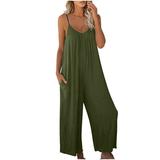 Summer Spaghetti Strap Jumpsuits for Women Trendy Sleeveless V Neck Pleated Wide Leg Casual Romper Playsuits (XX-Large Army Green)