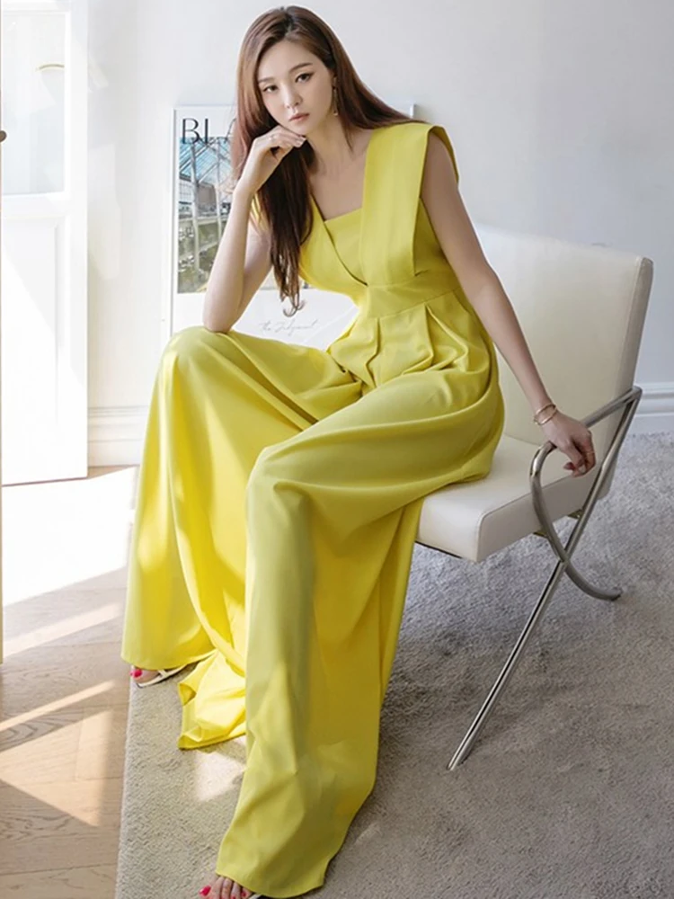 DEVCHATA Elegante Frauen Lange Overalls Sommer Breite Bein Hose Mode Ärmellose Casual Gelb Party Strampler Lose Stil für Mädchen