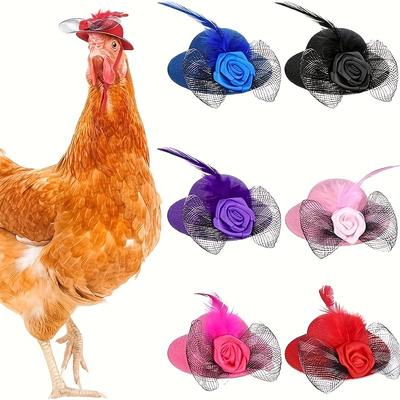 6pcs, Chicken Hats For Hens Tiny Pets Funny Halloween Accessories Feather Top Hat With Adjustable Elastic Chin Strap Rooster Duck Parrot Poultry Stylish Show Costume