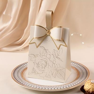 TEMU 20pcs, Champagne Bronzing Silver Floral Chocolate Candy Packaging Box With Bow, Faux Leather Portable Gift Box, Birthday Gift Box, Wedding\wedding Anniversary\wedding Party Supplies