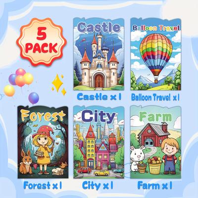 5-pack Kids Coloring Books Set - Themes Include Castle, Balloon Travel, Forest, City, Farm - Educational & Fun For Ages 3+ Boys & Girls