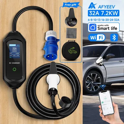 AFYEEV 32A 7.2KW Portable EV Charger Type2 Type1 Electric Vehicle Charger GB/T EVSE Charging Cable