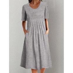 robe pull femme rayée froncée imprimé col ras du cou robe midi élégante bohème maison quotidien été