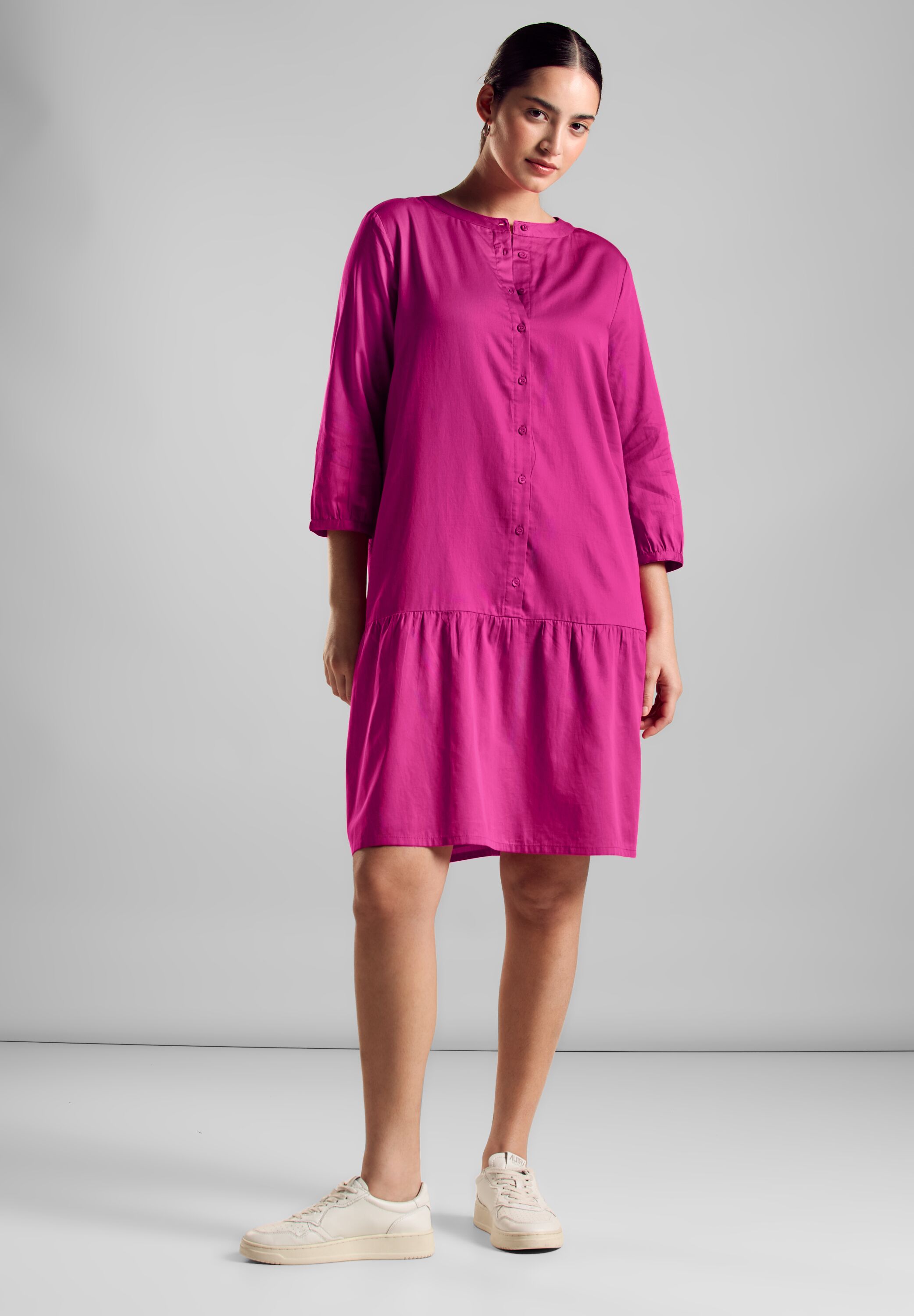 Sommerkleid STREET ONE, Damen, Gr. 42, EURO-Größen, pink (magnolia pink), Web, 100% Baumwolle, unifarben, weit knielang, Rundhals, Bündchen, Kleider Sommerkleid, mit Volant am Saum