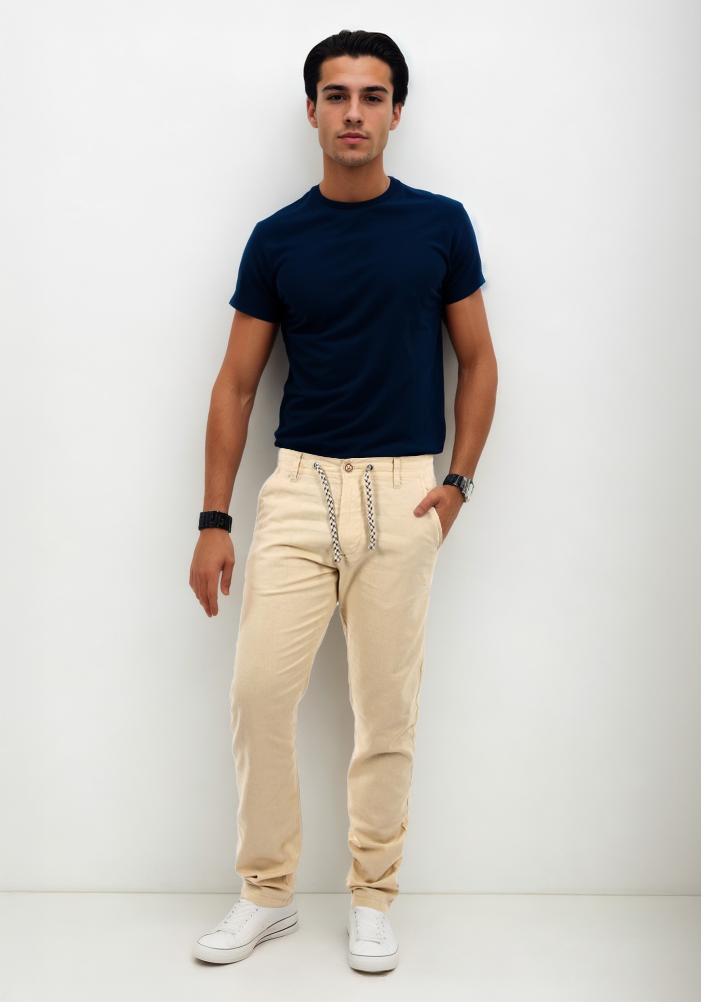 Stoffhose INDICODE "Inboris", Herren, Gr. Größe M - Gr. M, Normalgrößen, beige, 55% Leinen, 45% Baumwolle, Hosen Stoffhose, mit innen liegendem Kordelzug