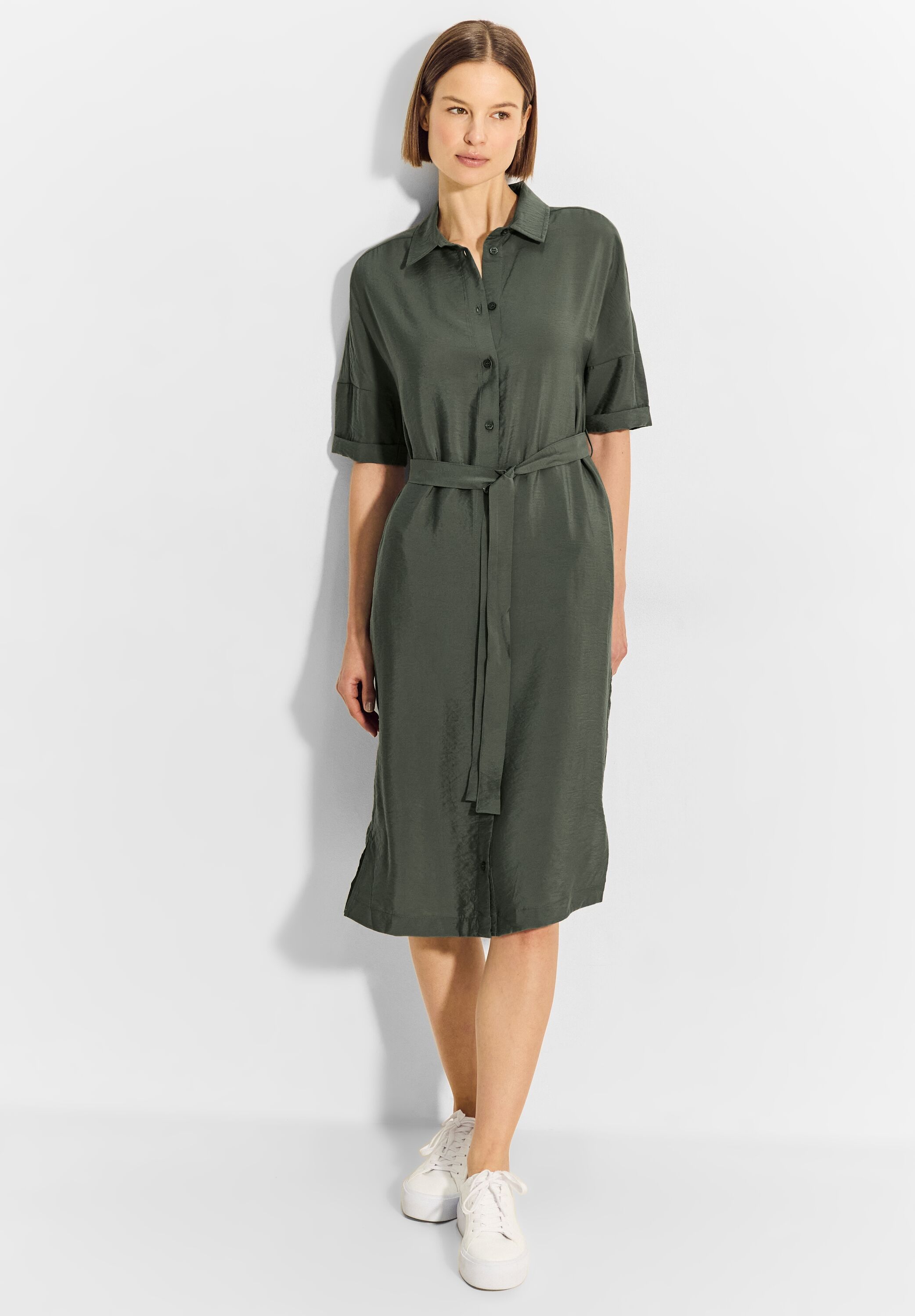 Blusenkleid CECIL, Damen, Gr. XXL (46), US-Größen, grün (cool khaki), Stoff, 85% Viskose, 15% Polyamid, unifarben, gerade knielang, V-Ausschnitt, Bündchen, Kleider Blusenkleid, mit Knopfleiste